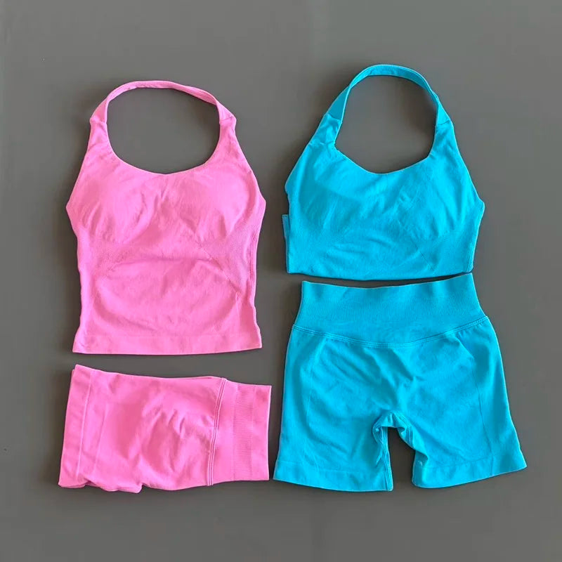2 Pcs HISTELLO Halter Top Strappy Bra Shorts Set Women Yoga Workout Clothes Seamless Vest Hip-Lifting Sports Leggings Gym Suit