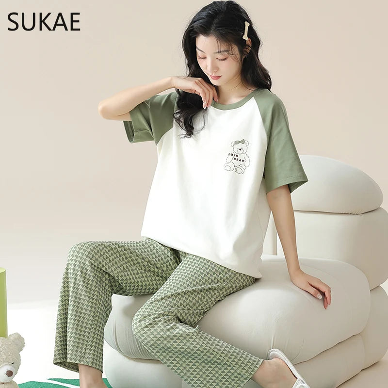 SUKAE Cute Animals Short Sleeves Full Pants Cartoon Sleepwear Women Summer Leisure Pajamas Nightwear Faux Cotton Girls Nightwear