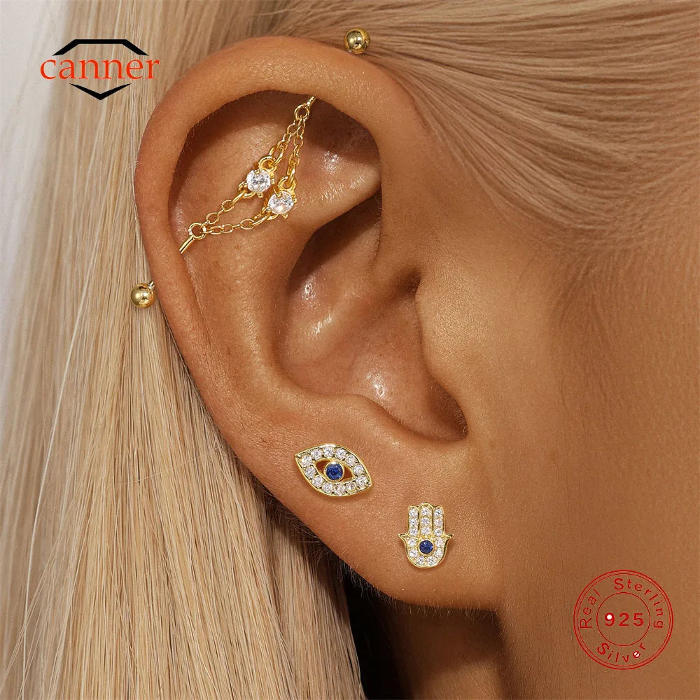 CANNER 925 Sterling Silver Devil's Eye Five Petals Zircon Chain Barbell Piercing Women Ins Butterfly Octagonal Star Earring