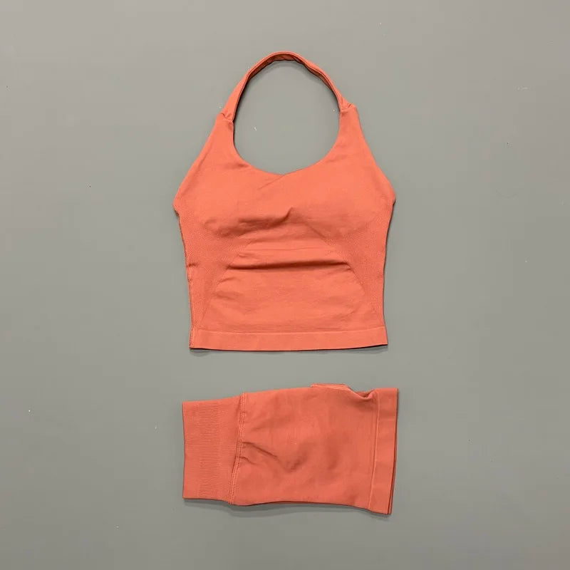 2 Pcs HISTELLO Halter Top Strappy Bra Shorts Set Women Yoga Workout Clothes Seamless Vest Hip-Lifting Sports Leggings Gym Suit
