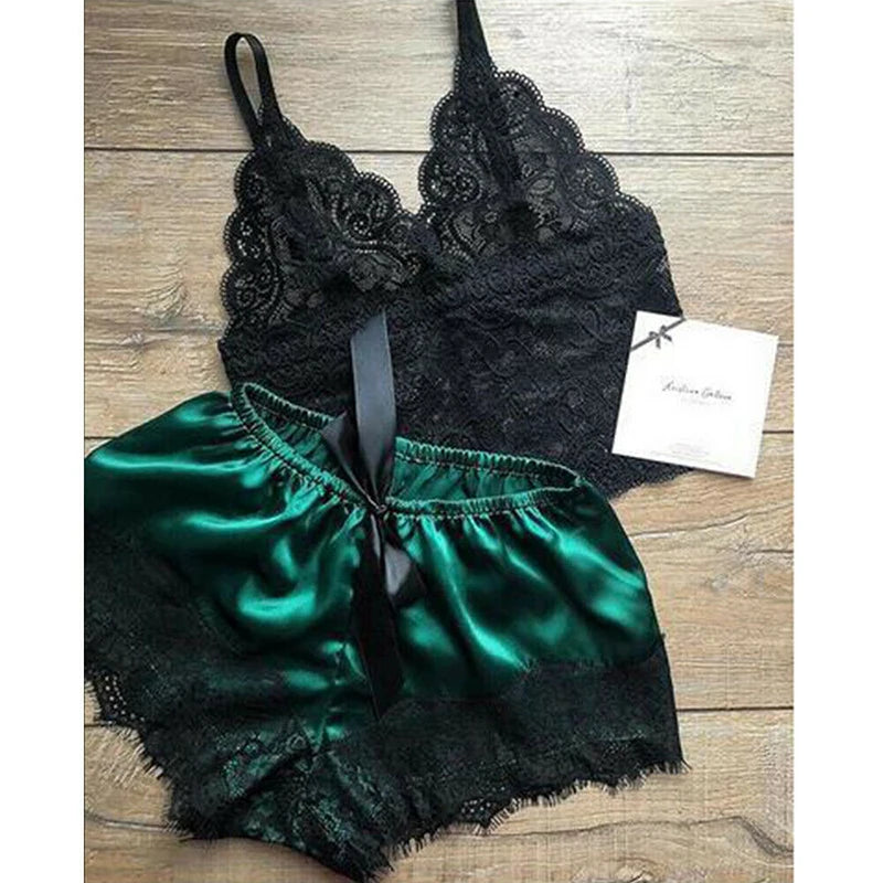 2PCS Womens Lace Sleepwear Lingerie Tops Shorts Set Babydoll Pajamas Nightwear