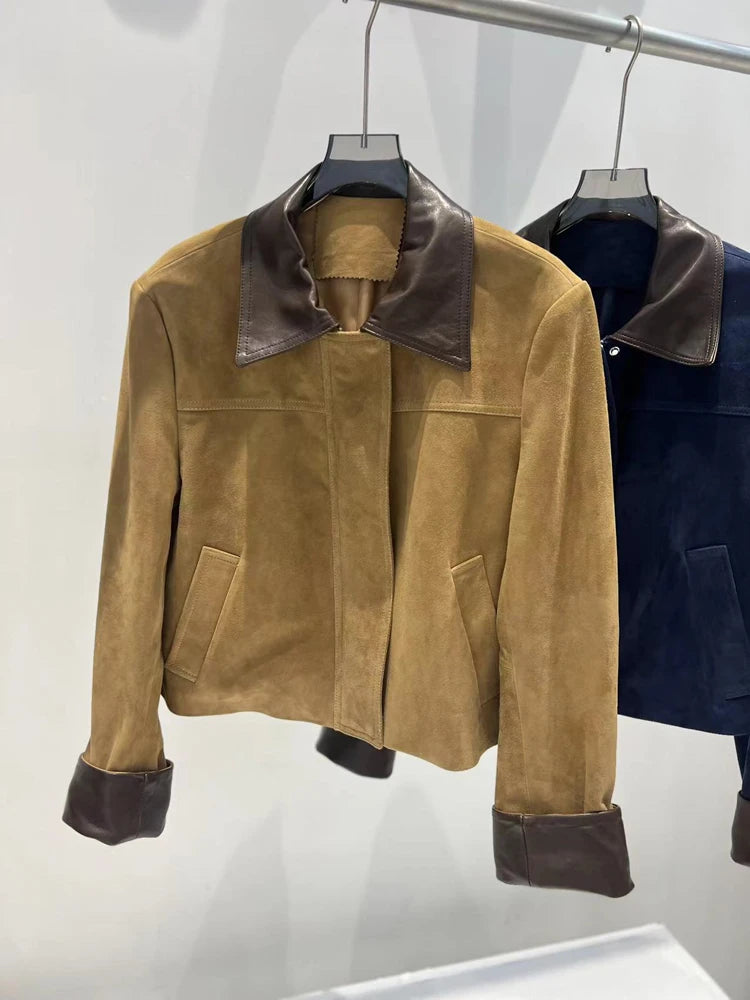 European Imported Suede Jacket Women 2026 Autumn Winter Branded New Contrasting Leather Coat Navy Blue Short Locomotive Casacos