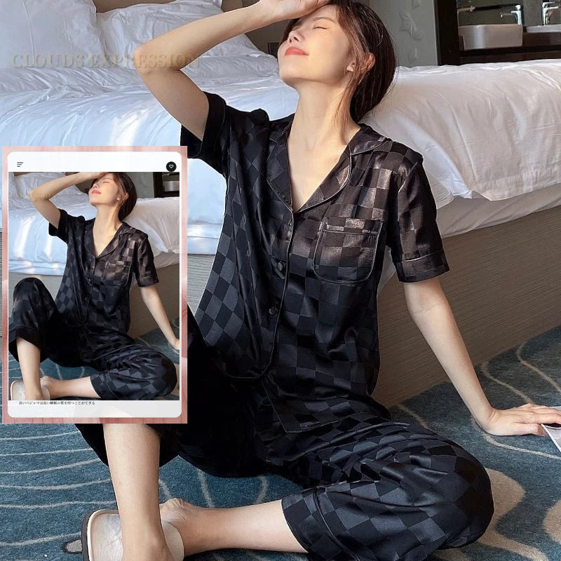 Spring Summer Ladies Faux Silk Polyester Pajama Sets Sexy Homewear Women's Casual Luxury Pajamas Thin Pajamas Female Sleepwear