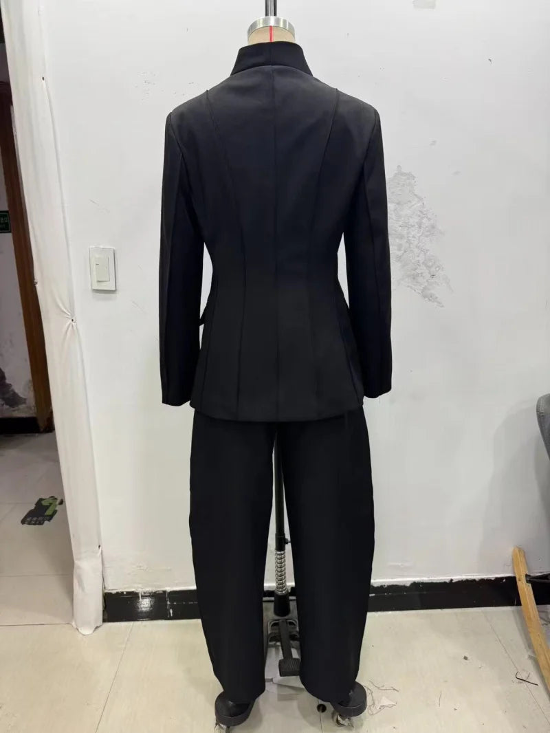 ETJ 2025 women's new fashion design three-dimensional cut high collar slim suit jacket & matching casual trousers