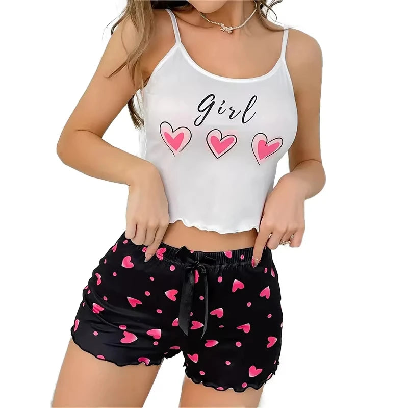 Women's pink heart-shaped printed milk pajamas two-piece set summer casual home wear camisole vest and shorts pajamas set