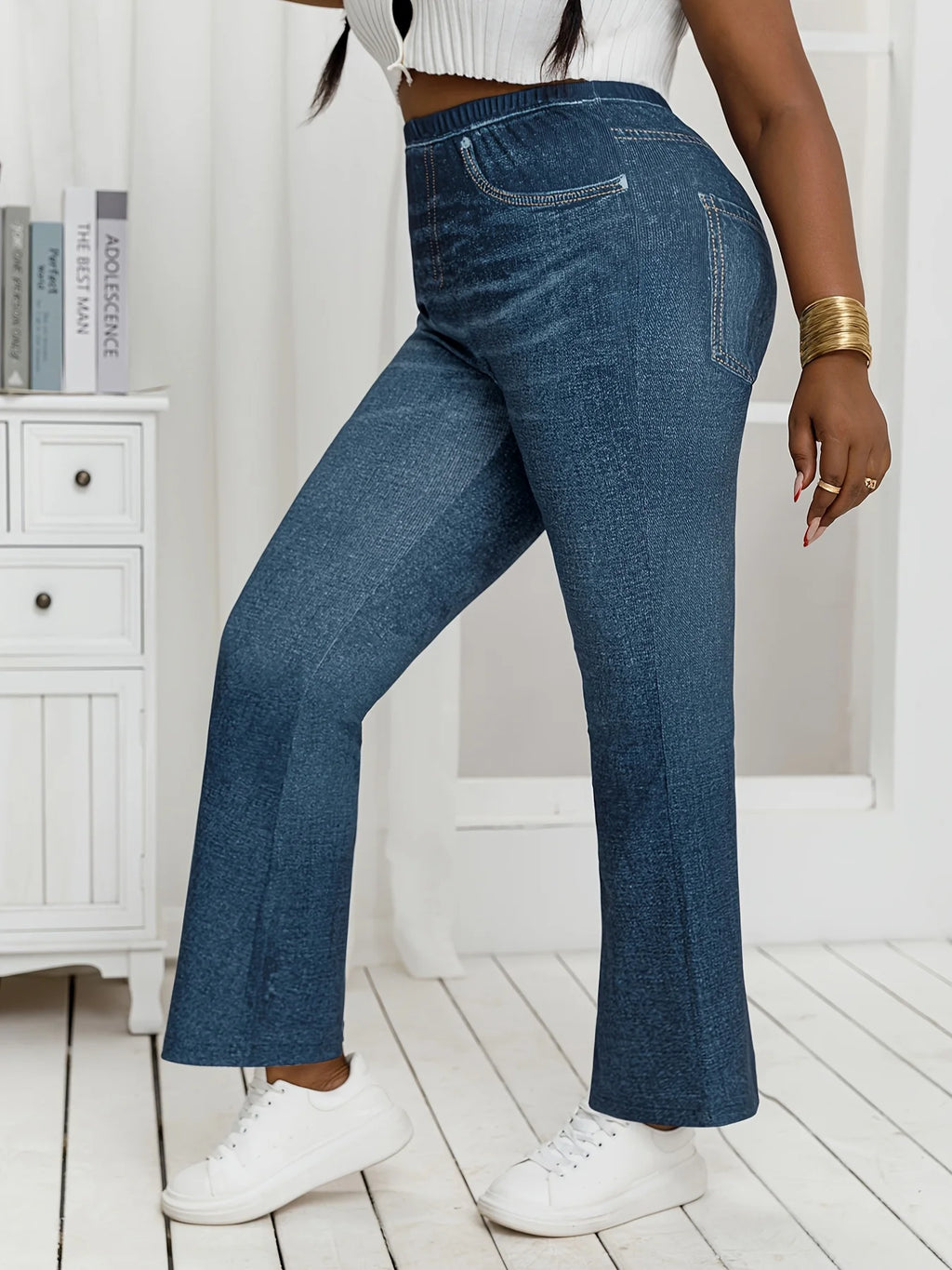 Plus Size Denim Print High-Stretch Flared Pants Loose Fit Comfortable Slimming Non-Jeans Fabric Women's Casual Trousers
