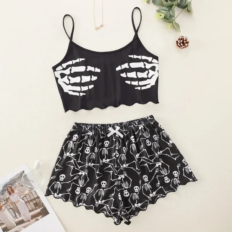 Summer Pajamas Women's Sexy Alien Print Sling Sleepwear V-Neck Pyjamas Homewear Sleeveless Cute Top And Shorts Sets