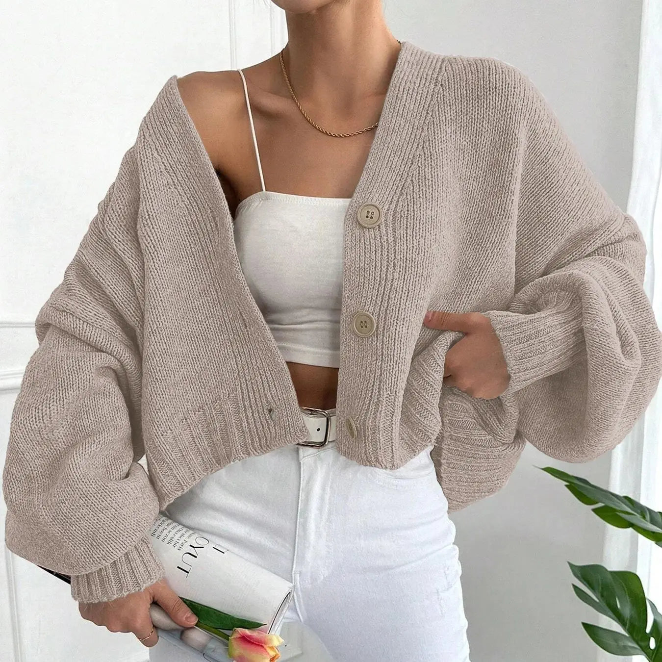Women's Autumn Winter Knitted Sweater Cardigan, Batwing Sleeve Drop Shoulder Button Loose Fit Pullover, Casual Fashion for Ladie