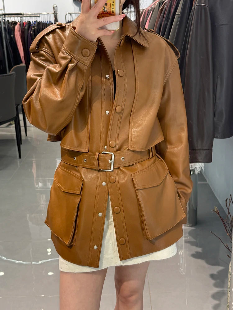 Winter Genuine Leather Outwears For Women High Quality Female Large Pocket Epaulet Belt Mid Long Jacket Female Warm Windbreaker