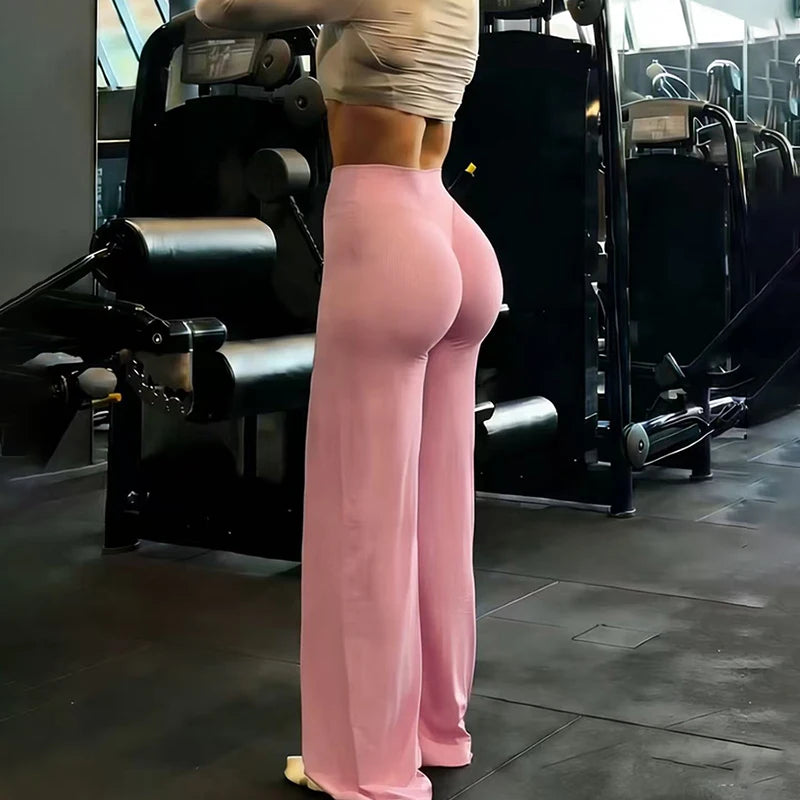 Gym Workout Wide Leg Leggings Women High Waist Tummy Control Loose Yoga Pants Woman Gray Hip Lifting Straight Sports Trousers