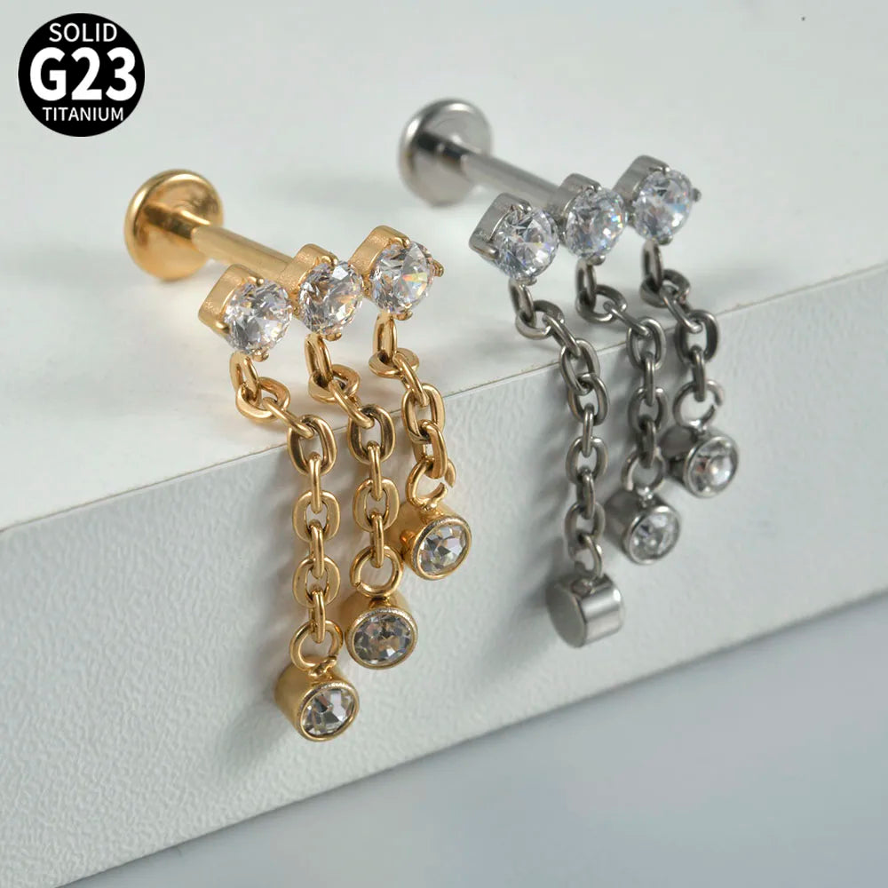 Dreamlee G23 Solid Titanium Chain Dangling Rook Helix Stud Inner Screw Flat Back Tragus Cartilage Earring Lobe Labret Piercing