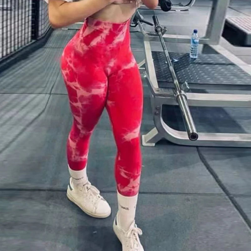 Women Athletic Tie Dye Gym Leggings Butt Lifting Workout Thick Elastic Yoga Pants Fitness Sports High Waist Training Tights