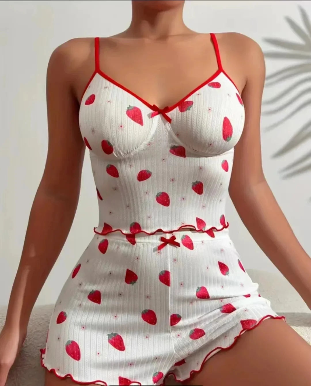 New Pure Desire Sleepwear Cherry Print Design Sweet Strap Shorts Women's Home Set Summer Season No Sleeve Comfortable Material