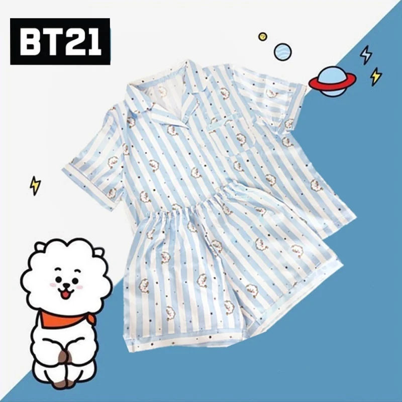 Kawaii Bt21 Tata Cooky Rj Pocket Short Sleeve and Shorts Pajama Set, Casual Satin Sleepwear with Lapel Collar and Button Detail