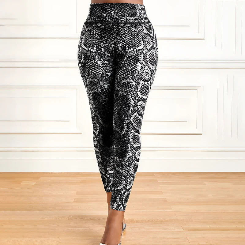 High-Waisted High-Elastic Yoga Leggings with Snake Print for Fitness Running And Daily Wear Slimming Long Pants