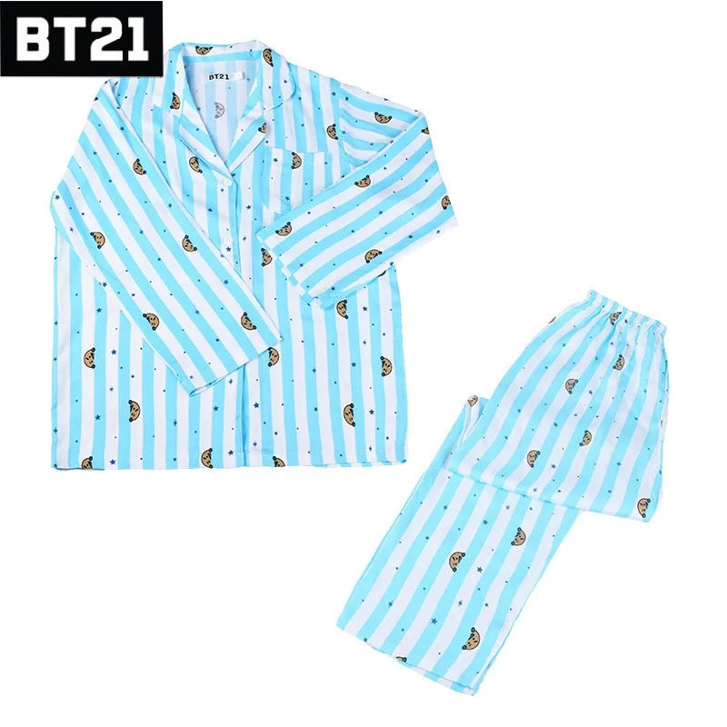 Kawaii Bt21 Tata Cooky Rj Pocket Short Sleeve and Shorts Pajama Set, Casual Satin Sleepwear with Lapel Collar and Button Detail