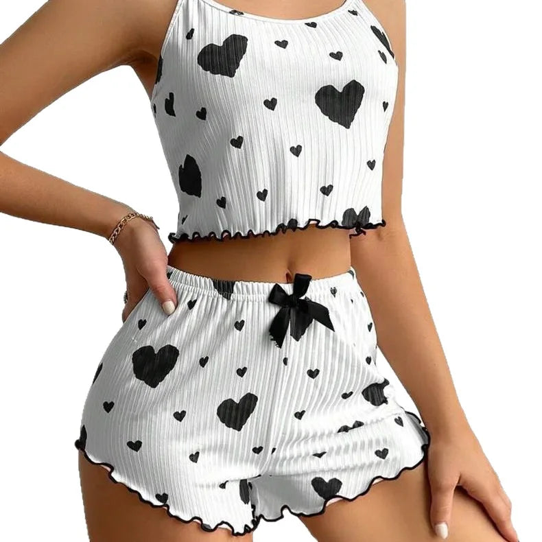 5 Size Choose S M L XL 2XL Women's Pajamas Set Straps Sleepwear Vest + Shorts Red Heart Print Nightwear Sexy Lingerie