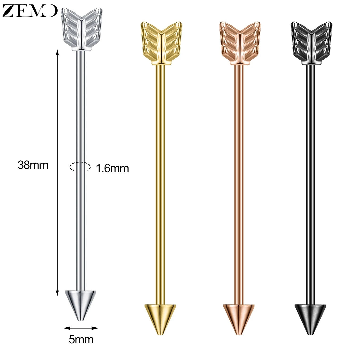 ZEMO 1 Piece 14G Stainless Steel Long Industrial Piercing Women Men 38MM Stud Earrings Barbell Taper Arrow Conch Helix Piercings