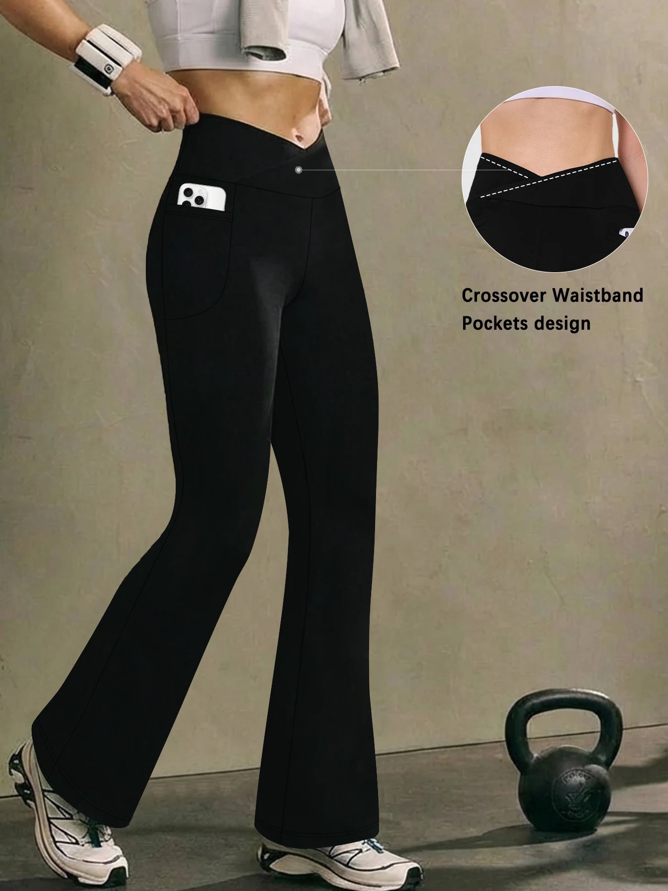Womens Super Soft Crossover High Waisted Flare Leggings with Pockets Tummy Control Yoga Pants