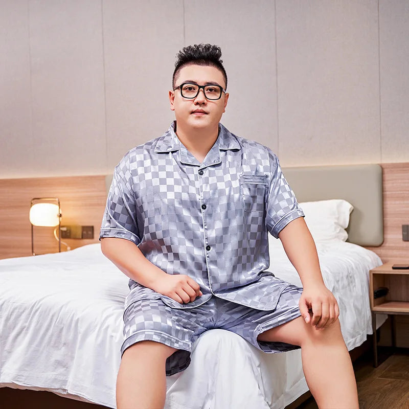 5XL Plus Size Pajamas for Men 150KG Summer Satin Sliky Sleepwear Short Sleeve Shorts 2PCS Set Loose Luxury Plaid Home Clothes