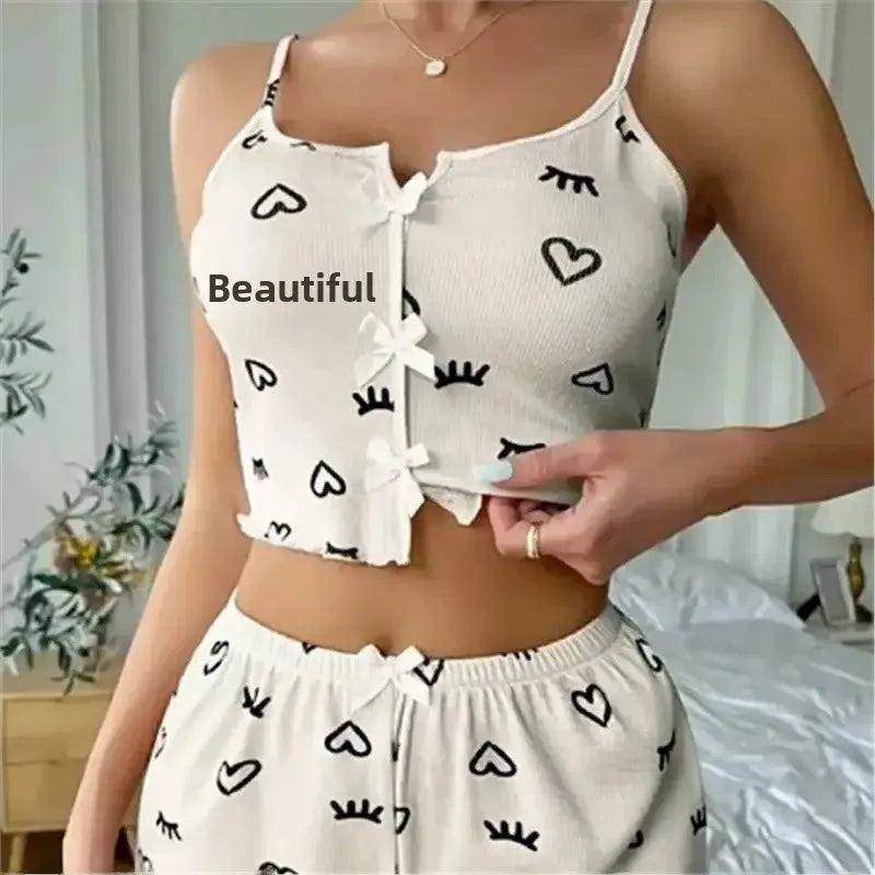 New Hot Sale Of The Season Heart Print Color Block Sleepwear Set with Front Slit Strap Design Comfortable Spandex Nightgown Wome