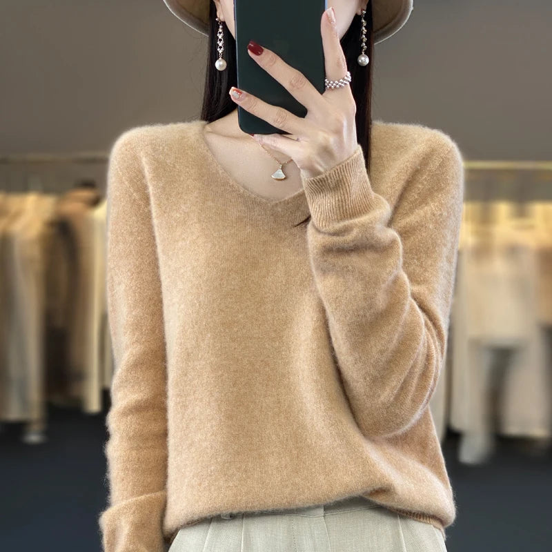 New Autumn And Winter Fashion First-Line Sweater 100% Pure Wool Women's V-Neck Pullover Knitted Base DMR201