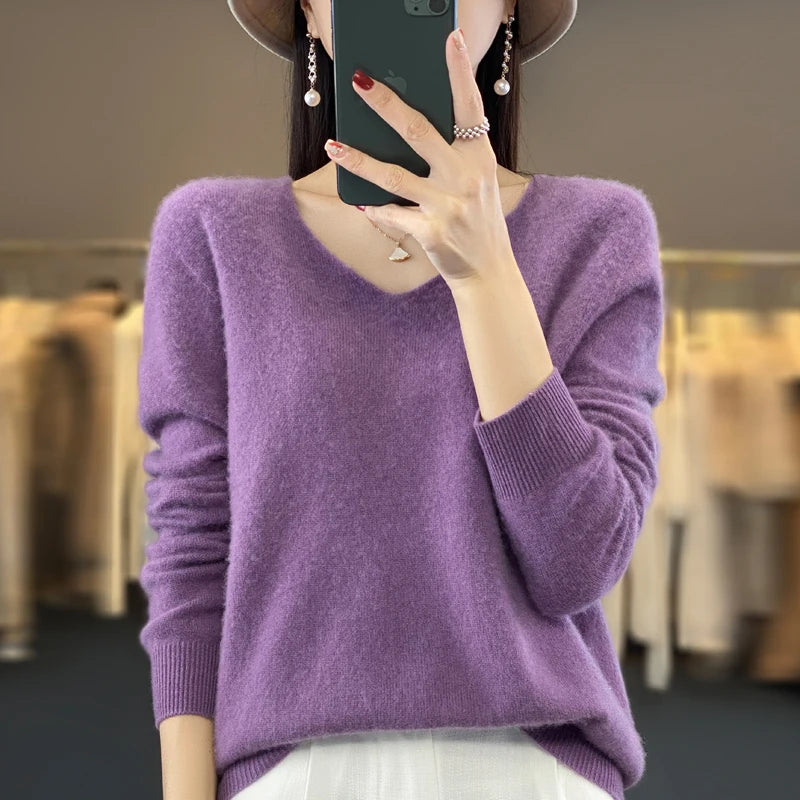 New Autumn And Winter Fashion First-Line Sweater 100% Pure Wool Women's V-Neck Pullover Knitted Base DMR201
