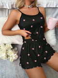 Women Pajamas Sleepwear Pajama 2pcs Set Camisole Shorts Love Print Scoop Neck Cami Top Backless Lettuce Trim Ice Silk Comfortabl