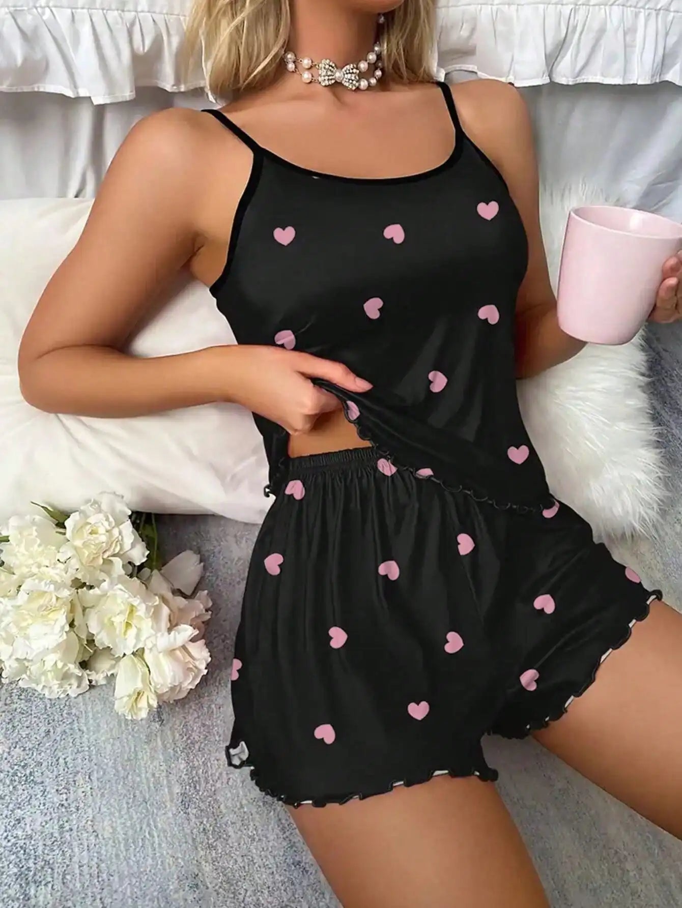 Women Pajamas Sleepwear Pajama 2pcs Set Camisole Shorts Love Print Scoop Neck Cami Top Backless Lettuce Trim Ice Silk Comfortabl