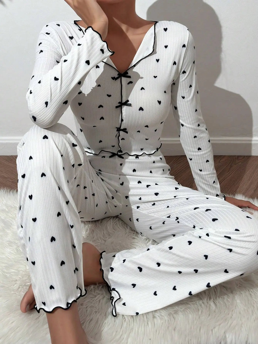 2 Piece Sets Women Pajamas Suit Top Pants Ensemble Sleepwear Heart Print Bow Loungewear Female Autumn Outfits Nightwear 2025