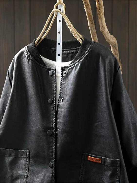 Casual Long Sve PU Leather Jaet Women's Sle Collar Baseball Coat Trendy Ba Splicing Ball Game Faion Outerwear
