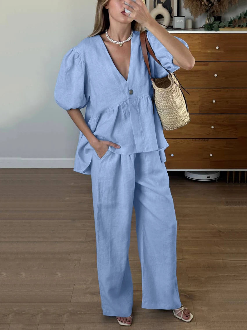 Marthaqiqi Home Clothes Female Sexy V-Neck Sleepwear Short Sleeve Nightgowns Wide Leg Pants Loose Women'S Nightwear 2 Piece Set
