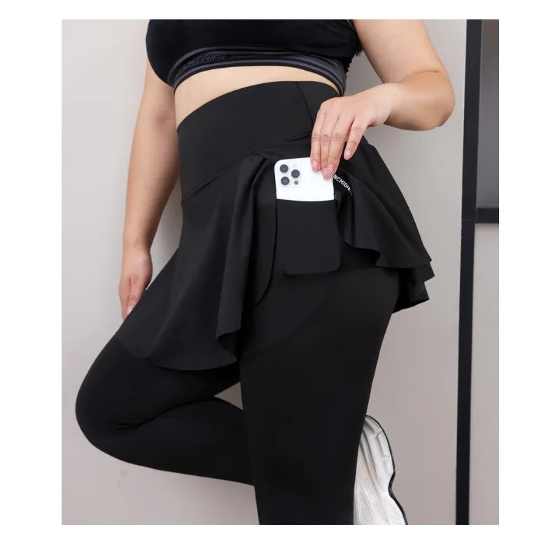 Plus Size Fit 200lbs Yoga Fake Two Items Leggings with Pockets Sharkskin High-Waisted Skirt Pants Gym  Trainning Slim Tights