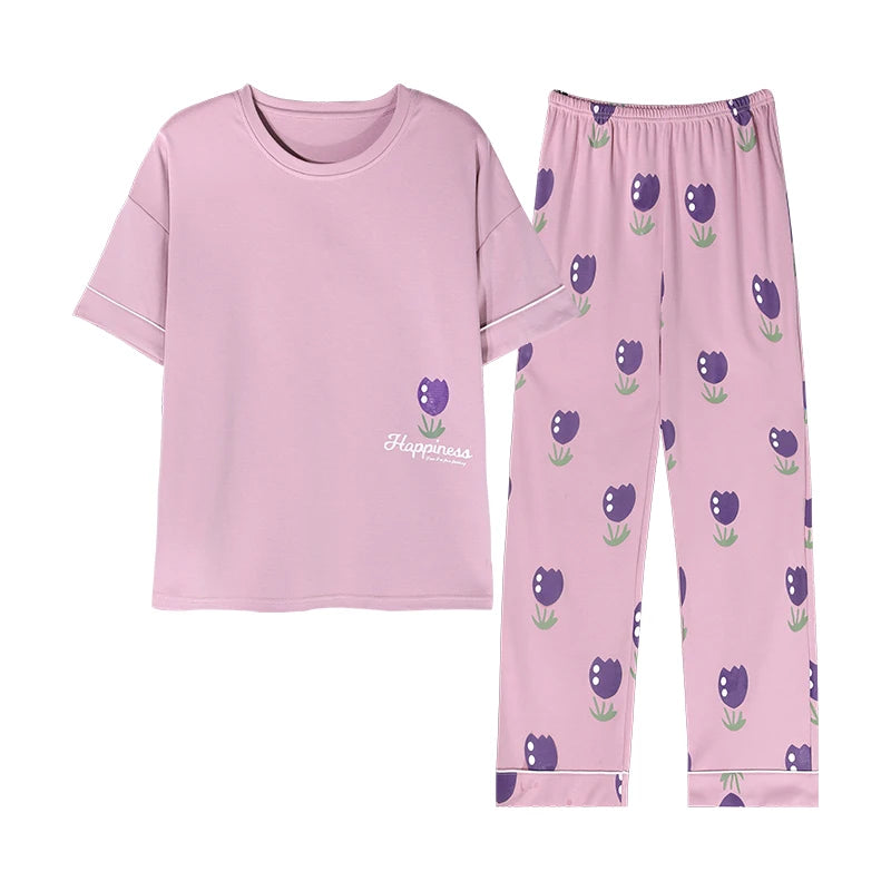 Newest 100% Cotton Women Pajamas Set Summer Short-sleeve Sleepwear Women's Simple Loose Home Wear Large Size 3XL