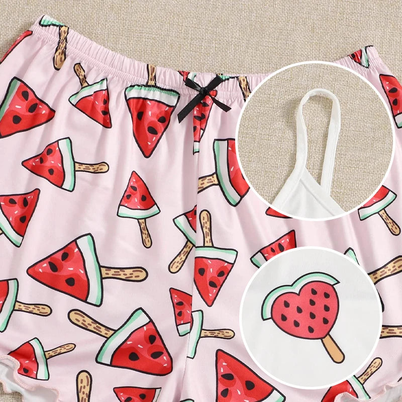 Summer New Comfortable Two-Piece Milk Silk Pink Printed Watermelon Suspender Sexy Women's Home Sleepwear Set