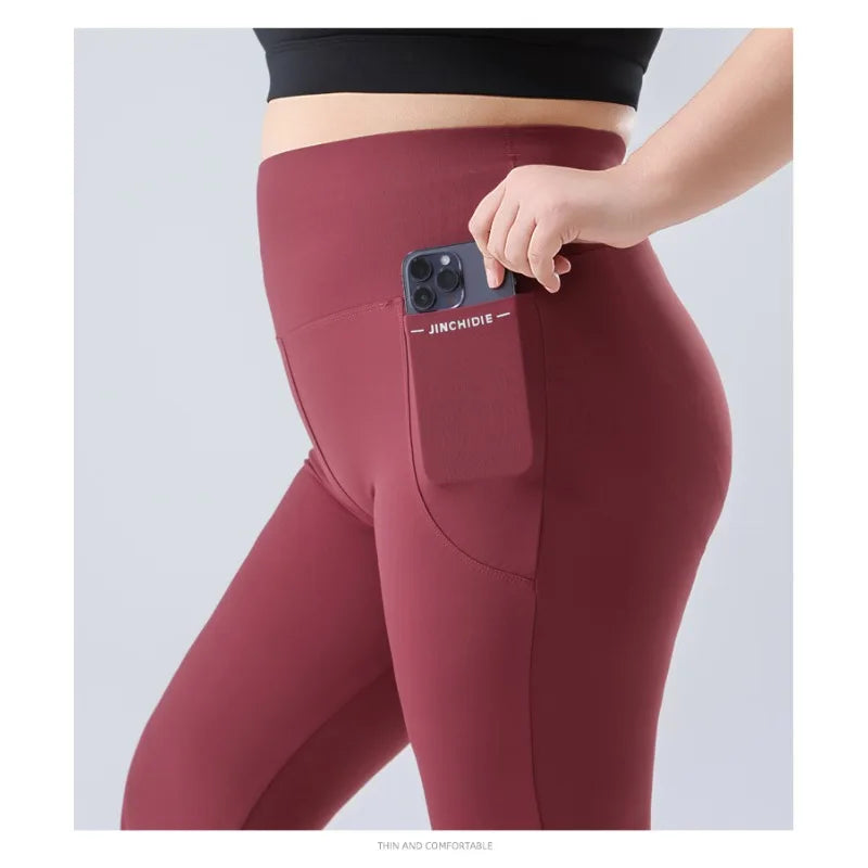 Plus Size Fit Yoga Flared Trousers for Women Semaless Two Sides Pocket Leggings High Waist Push Up Butt Gym Trainning Leggings