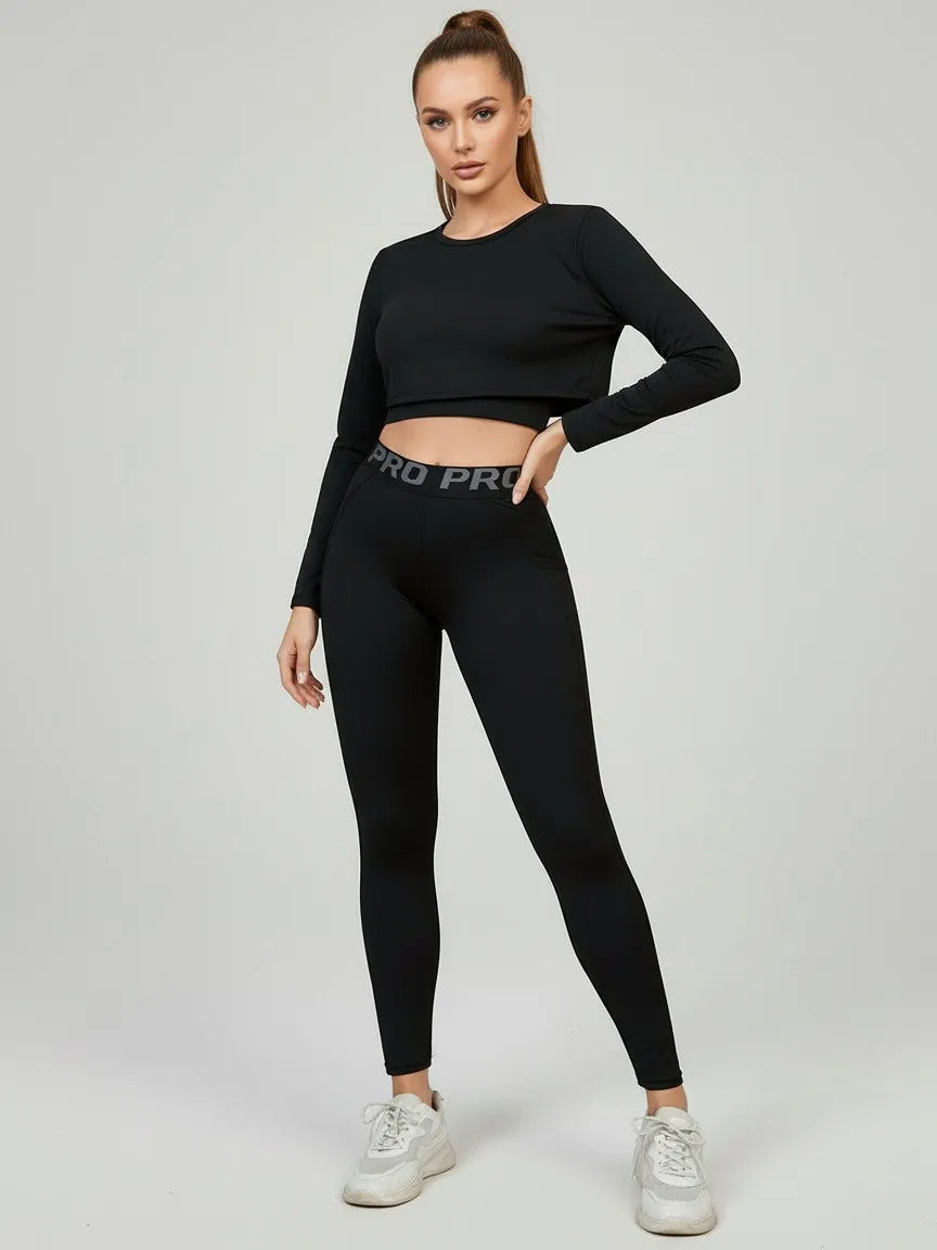 Women's Yoga Fitness Leggings with Letter Waistband and Side Pockets, Slim-Fit Long Pants for Outdoor Sports and Training.