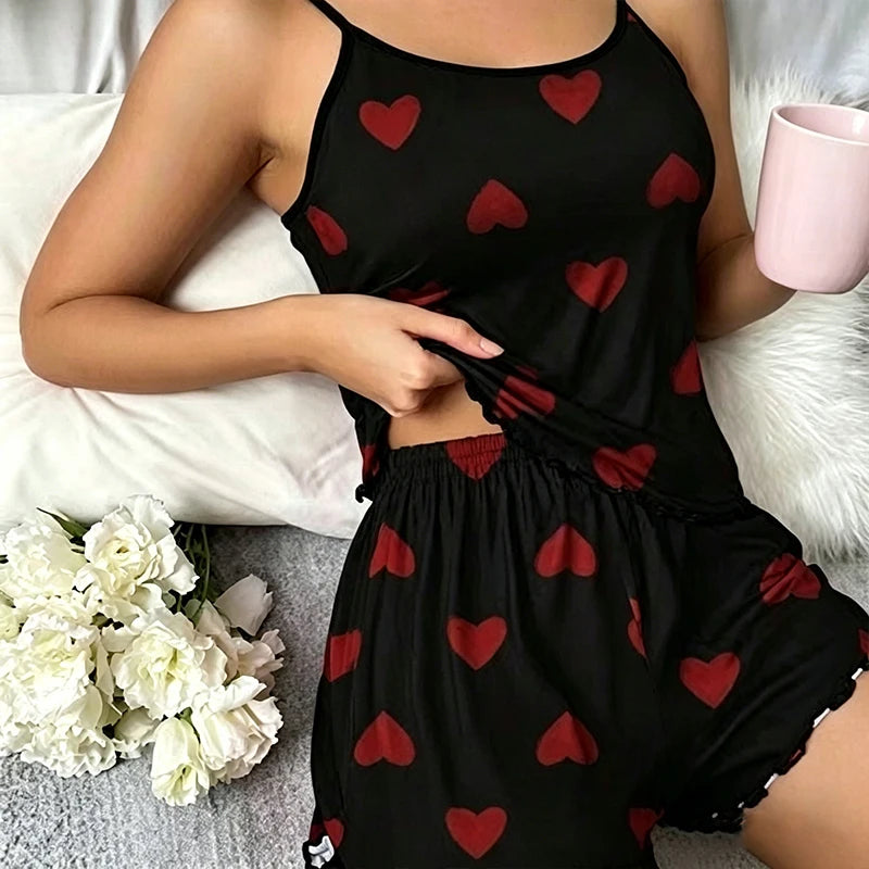 Women's Pajama Set Pajamas T-Shirts Shorts Pink Heart-Shaped Print Round Neck T-Shirt Ice Silk Top Comfortable Casual Summer