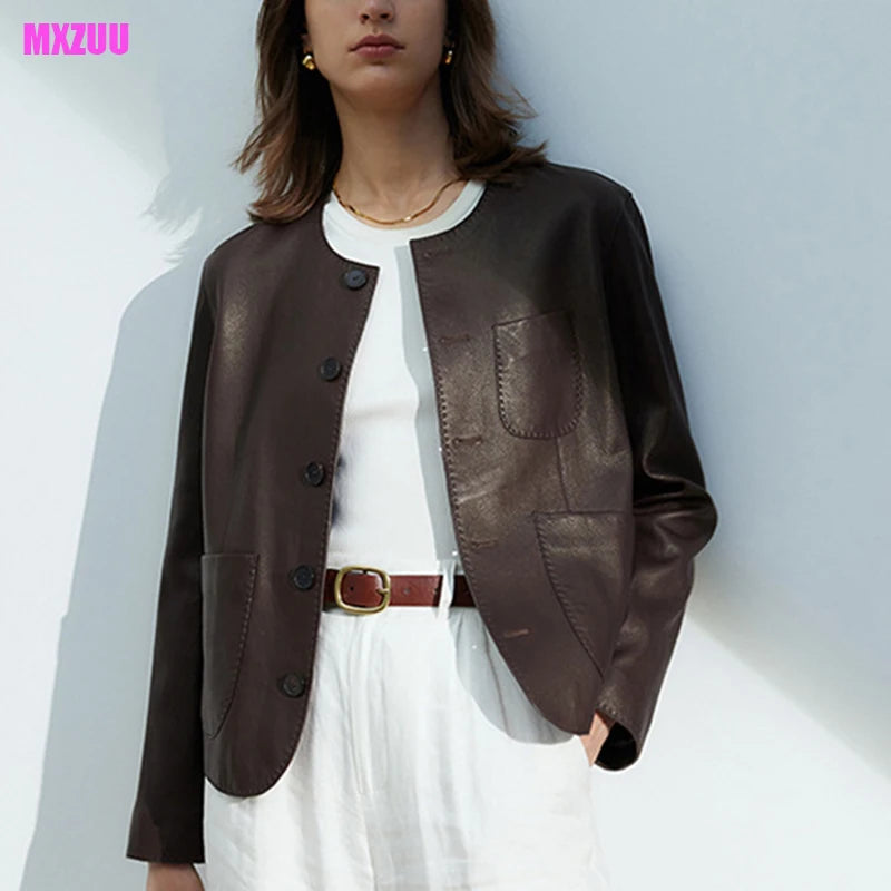 Women's Autumn Clothing European High Quality Sheepskin Casual O-Neck Single-Breasted Coffee Litchi Stria Genuine Leather Jacket
