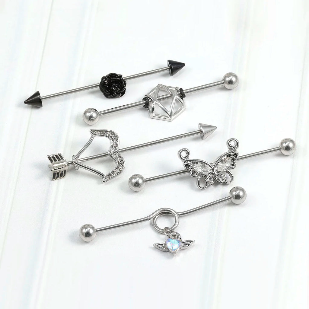1 Pcs Stainless Steel Bow Butterfly Pendant Female Punk Industrial Barbell Cartilage Earring Tragus Long Spiral Piercing Jewelry