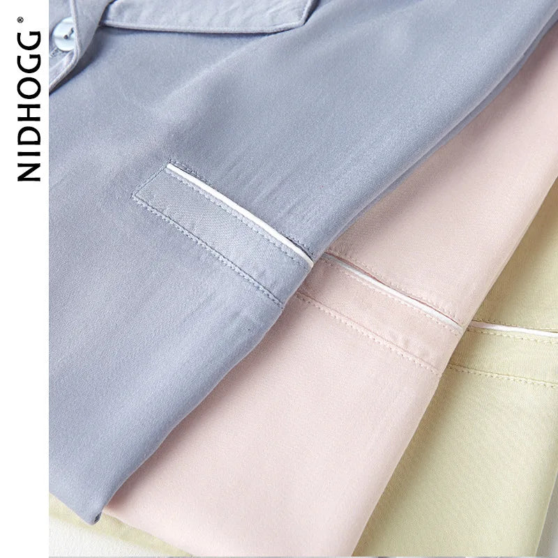 Couple's Satin Solid Color Pajamas Turn-down Collar Long-Sleeved Pajama Set Autumn Pocket 2 Piece Sleepwear Home Pijama Mujer