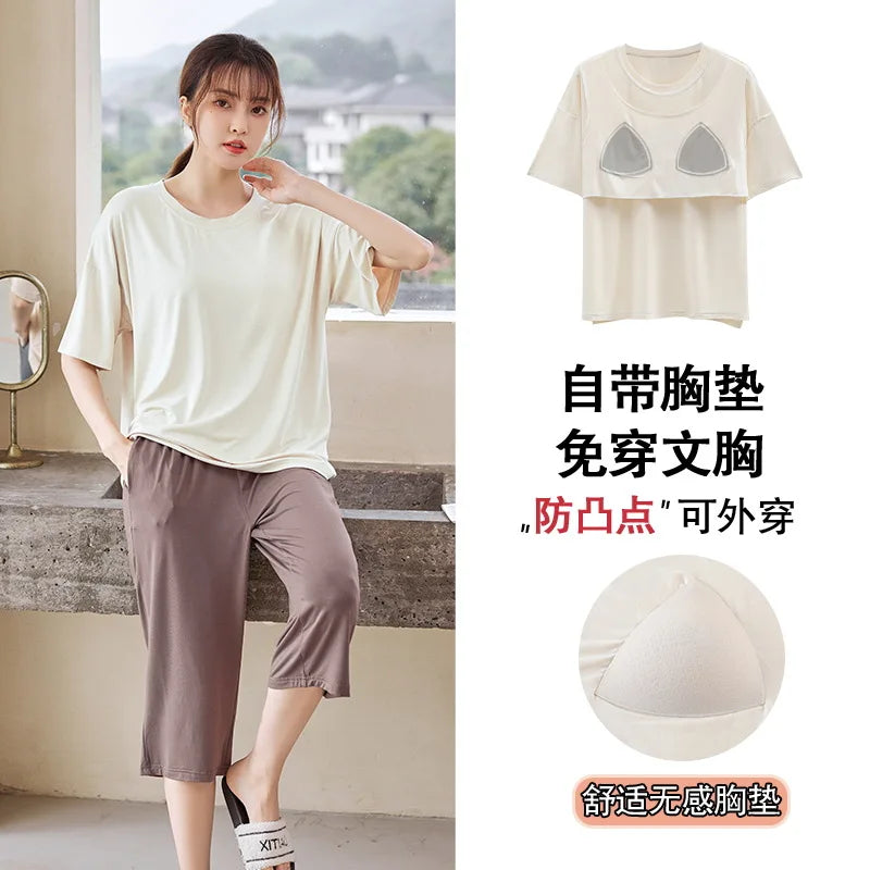 Thin With Chest Pad Summer Women's Suit Pijama New In Women's Sleepwear Short Sleeve Pajama Sets 2 Pieces Cute Clothes