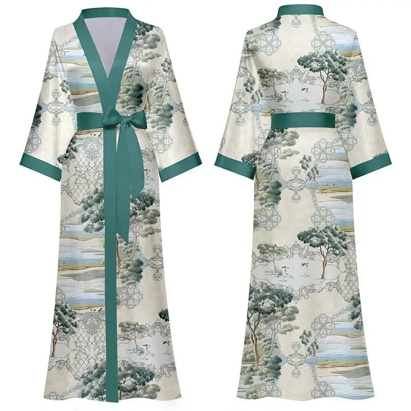 New Spring Summer Women Long Robe Kimono Bathrobe Gown Sexy Black Print Sleepwear Nightgown Casual Half Sleeve Satin Home Dress