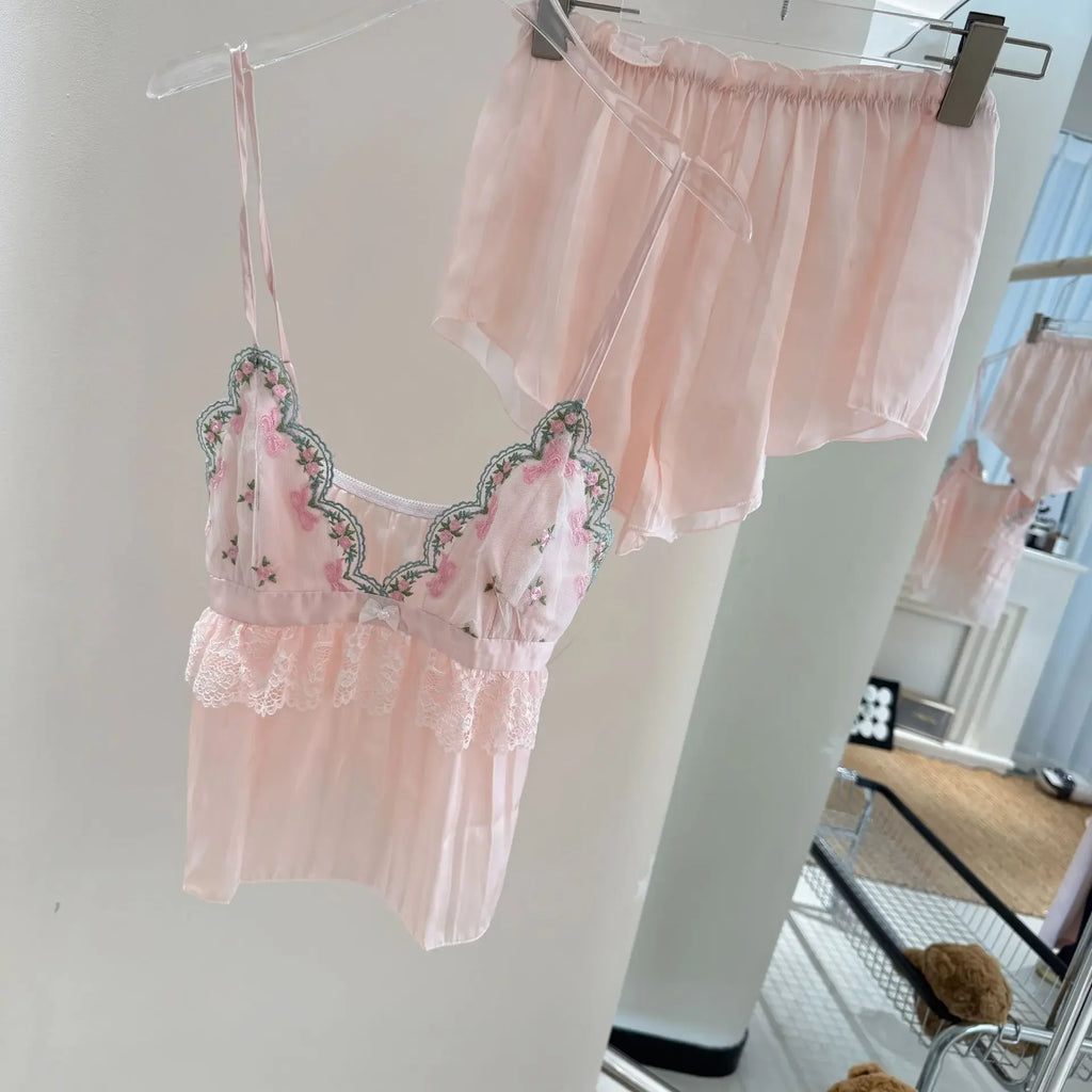 Sweet Pink Chemise Sleepwear Intimate Lingerie Summer Young Girl Homewear Strap Top&shorts Pijamas Suit Sexy Lace Loungewear