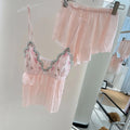 Sweet Pink Chemise Sleepwear Intimate Lingerie Summer Young Girl Homewear Strap Top&shorts Pijamas Suit Sexy Lace Loungewear