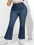Plus Size Denim Print High-Stretch Flared Pants Loose Fit Comfortable Slimming Non-Jeans Fabric Women's Casual Trousers