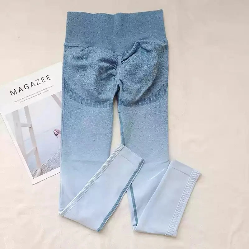 Sexy Butt Enhancing Gradient Color Tight Fitness Running Yoga Pants Quick Dry Slimming Nine-Tenths Length Breathable Nylon