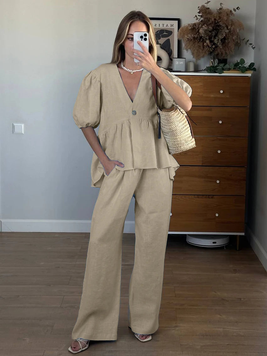 Marthaqiqi Home Clothes Female Sexy V-Neck Sleepwear Short Sleeve Nightgowns Wide Leg Pants Loose Women'S Nightwear 2 Piece Set