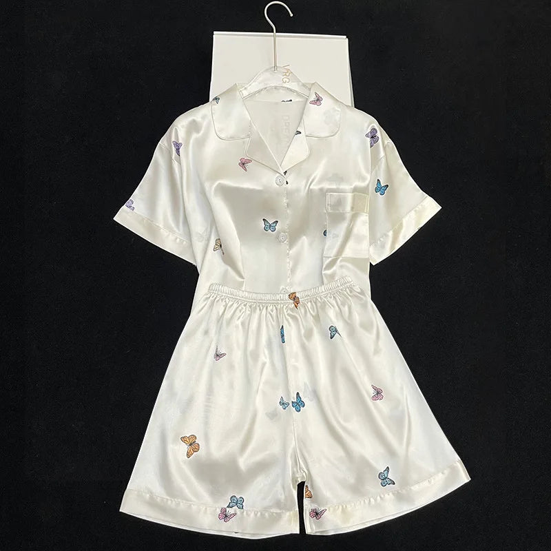 Women's Pajama Set Spring Summer 2 Piece Print Butterfly Pyjama Faux Silk Satin Sleepwear Short Sleeve Pijama Mujer Pjs Homewear