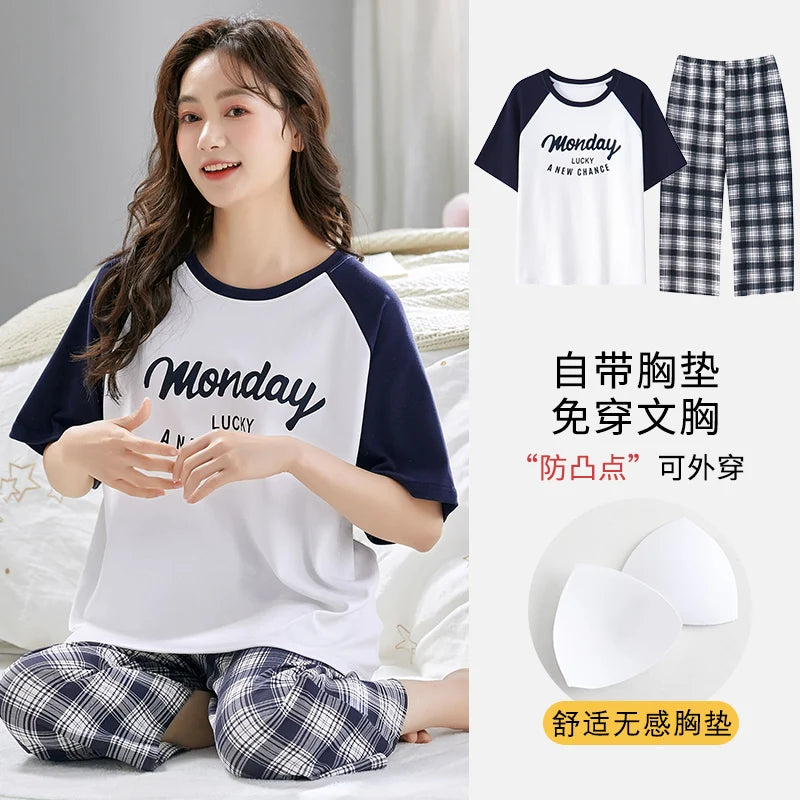 Summer Nightwear Pj Young Womens Pajama Sets Bust-Padded Pyjamas Femme Cartoon Sleepwear Female Loungewear Pijama Mujer Homewear
